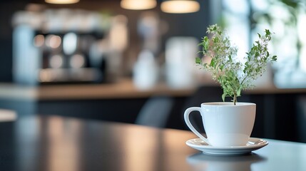 White cup with fresh herbs growing inside showcasing creativity in a modern kitchen : Generative AI