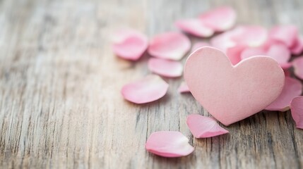Fototapeta premium Beautiful pink heart decoration surrounded by rose petals on a wooden surface : Generative AI