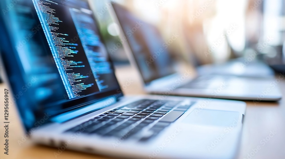 Poster Close-Up of Laptops Displaying Code on Screen in Bright Workspace : Generative AI