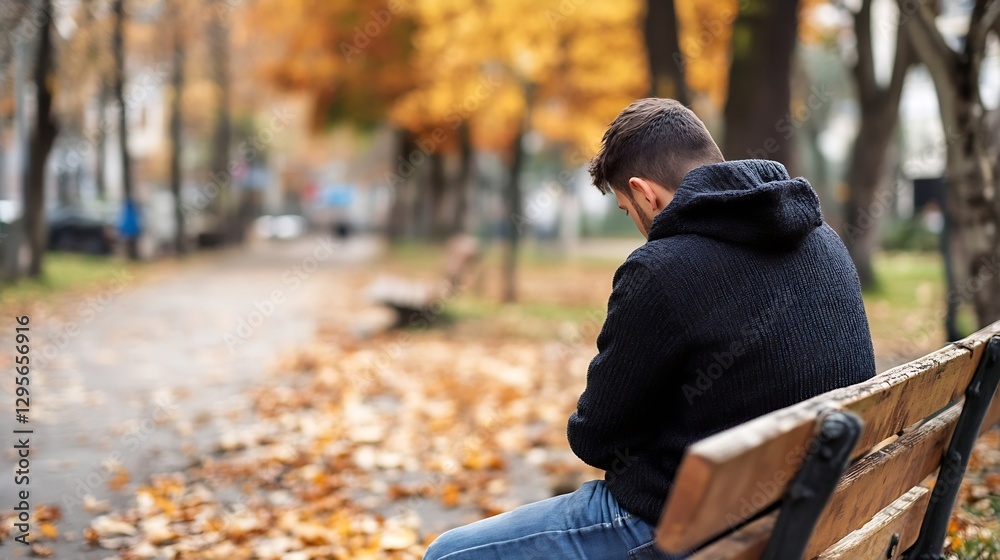 Poster a young man sitting on a bench in a park surrounded by autumn leaves and trees lost in thought : gen