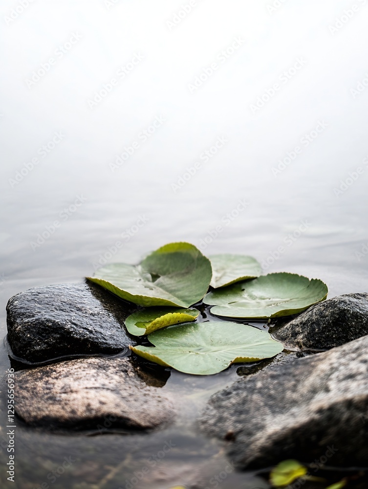 Aufkleber peaceful scene of lily pads resting on smooth rocks in a tranquil body of water surrounded by nature