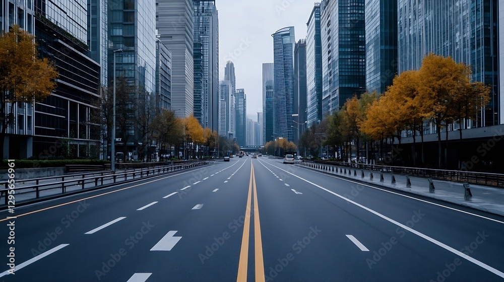 Aufkleber wide view of an empty city street lined with modern skyscrapers and autumn trees in vibrant colors :