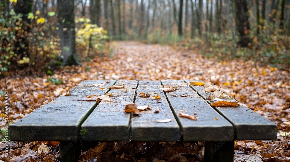 Poster picturesque view of a weathered wooden table surrounded by autumn leaves in a tranquil forest : gene