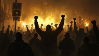 Silhouetted Crowd at Night Protest with Fiery Background