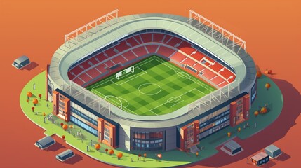A colorful isometric vector of a soccer stadium featuring a well-maintained pitch, entrance gates, and fans.