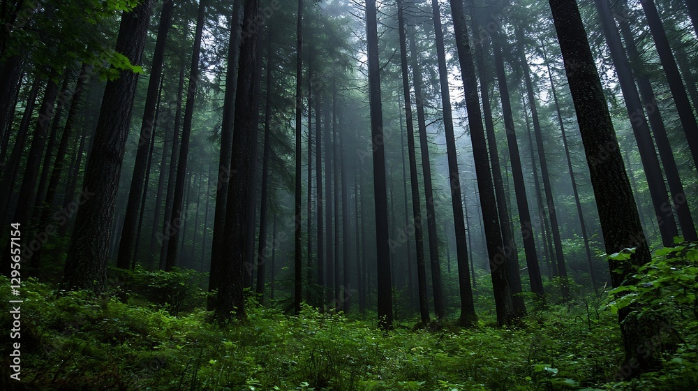Poster mysterious forest scene with tall trees shrouded in fog and thick underbrush in green tones : genera