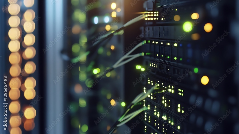 Poster Close Up of a Server Rack with Glowing Lights : Generative AI