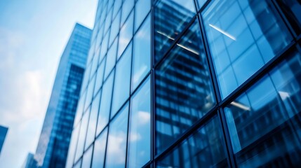 Modern glass skyscrapers reflecting the sky showcasing urban architecture in a bustling city : Generative AI