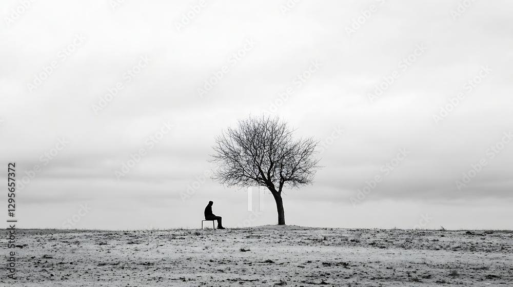 Poster lone silhouette sitting on a chair in a snowy field under a barren tree against a gray sky : generat