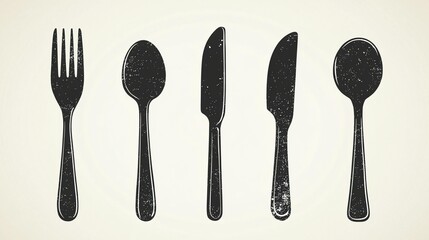 Set of five vintage-style cutlery silhouettes fork, spoons, and knives.