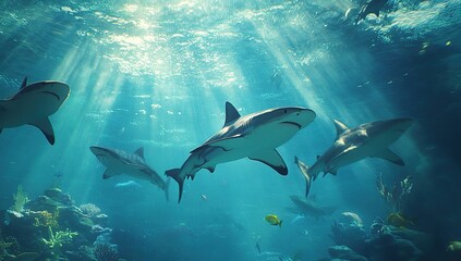 Underwater Scene of Sharks Swimming in Blue Ocean with Sunlight Rays