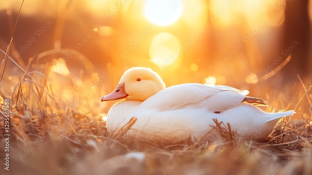 Aufkleber beautiful serene duck resting in golden sunlight with blurred background : generative ai