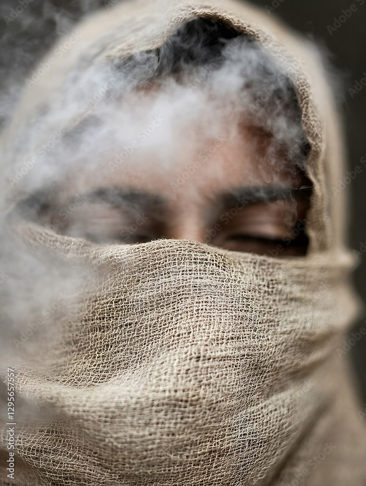 Aufkleber Mysterious portrait of a person shrouded in fabric with smoke creating an enigmatic atmosphere : Generative AI
