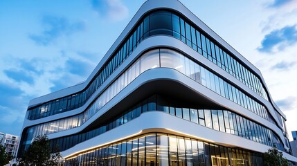 Modern Architectural Marvel with Curved Glass Facade Showcasing Urban Elegance in Twilight : Generative AI