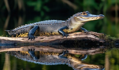 Fototapeta premium Lively reptile basking on a sunlit log by tranquil water, showcasing reflection in the calm surface, highlighting textures and colors of nature