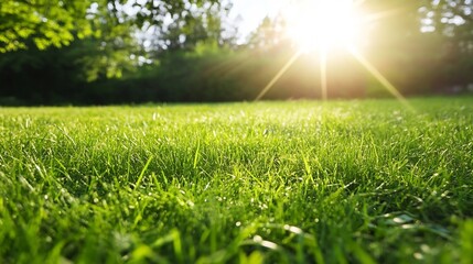 Naklejka premium Lush Green Grass Under Bright Sunlight with Glowing Sunrays Creating a Vibrant Landscape Scene : Generative AI