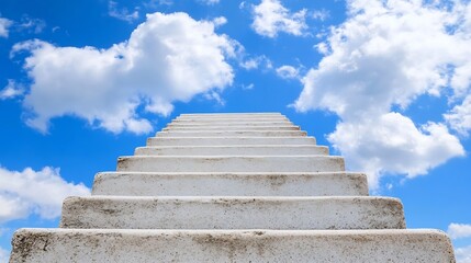 Fototapeta premium White concrete stairs leading up towards a clear blue sky filled with fluffy clouds : Generative AI