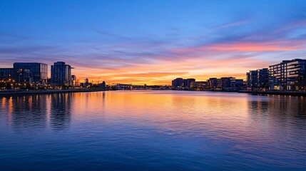 Fototapeta premium Stunning Sunset Over Urban Skyline Reflecting on Calm Water Surface : Generative AI