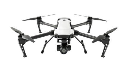 Professional drone hovering with camera and transparent background
