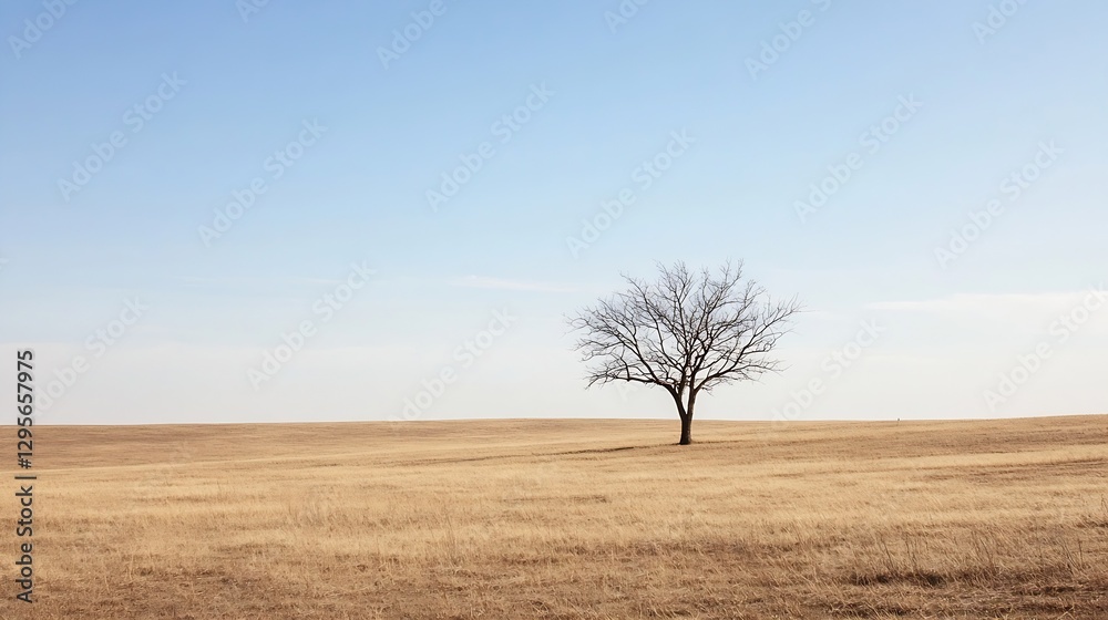 Poster Lone Tree Standing in a Wide Open Field with a Clear Blue Sky : Generative AI