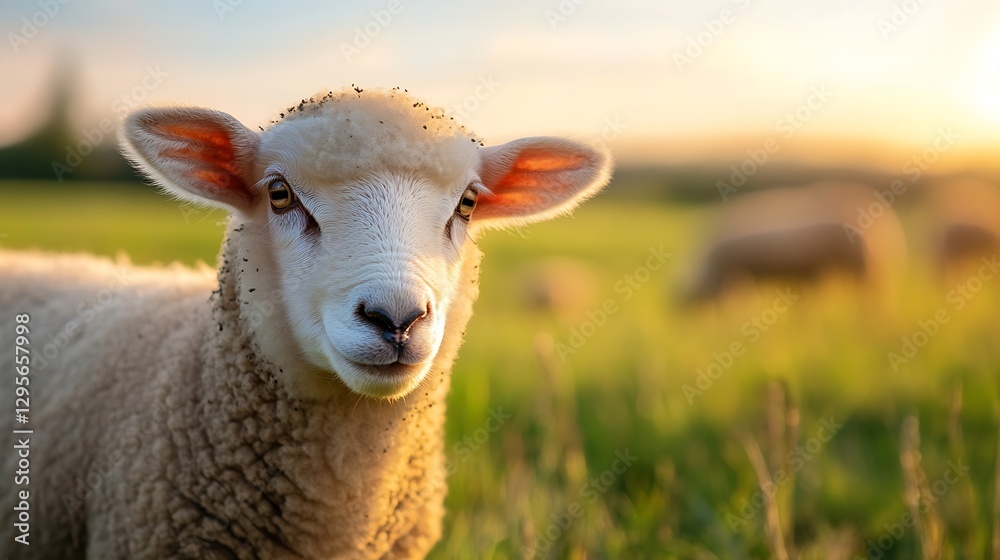 Poster Charming Sheep with a Soft Coat Curiously Gazing at the Camera in a Pastoral Setting : Generative AI