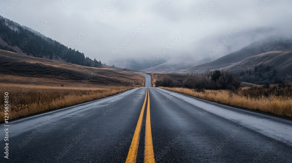 Poster deserted winding road stretching through foggy mountains and open grassy fields : generative ai