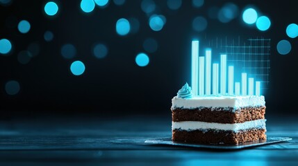 A unique dessert display featuring a delicious cake topped with digital data visualizations, blending culinary art with modern analytics in a striking blue ambiance.