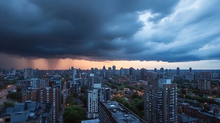 City skyline under dark storm clouds capturing nature's dramatic beauty : Generative AI