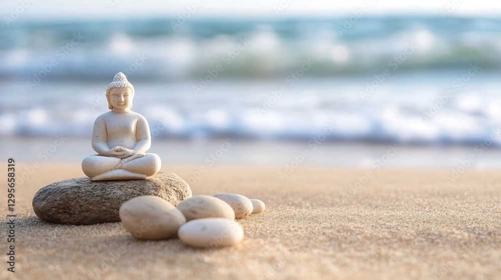 Poster calming sandy beach with a serene buddha sculpture surrounded by smooth stones and gentle waves : ge