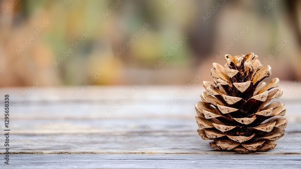 Aufkleber isolated pine cone resting on a wooden table with a blurred natural background showcasing autumn vib