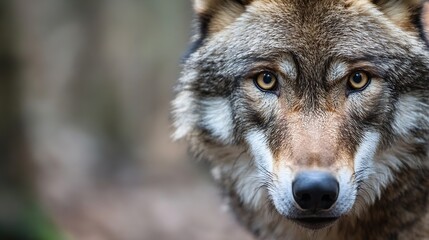 Obraz premium Close Up of a Wolf Face with Intense Yellow Eyes Set Against a Natural Background in the Forest : Generative AI