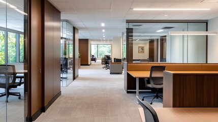 Modern office interior design with glass partitions and open workspace areas : Generative AI