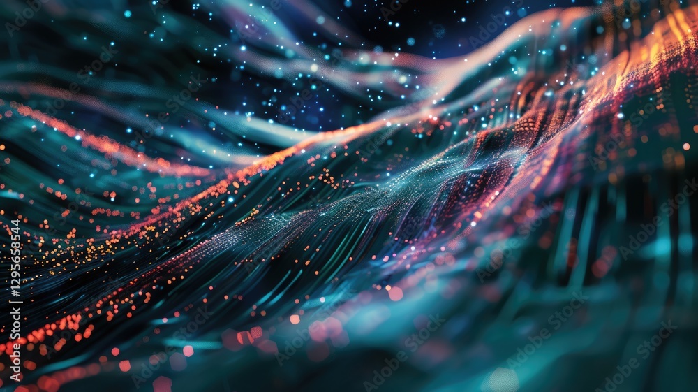 Poster abstract picture micro light sparkling particle represent data flow vivid flowing wave with high tec