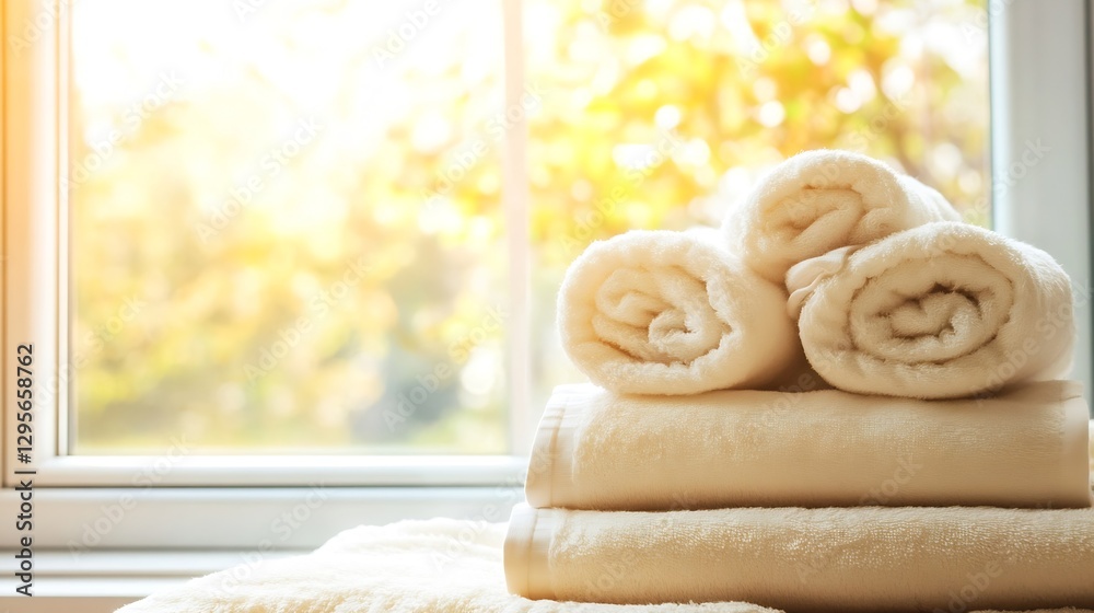 Aufkleber soft and cozy rolled towels stacked near a sunlit window : generative ai