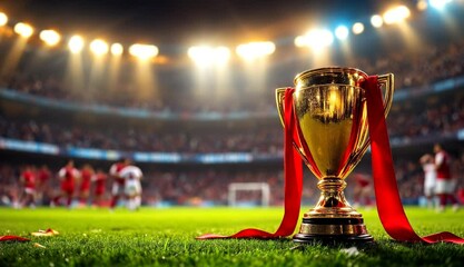 A golden football trophy on the pitch, surrounded by stadium lights, confetti, and celebration.