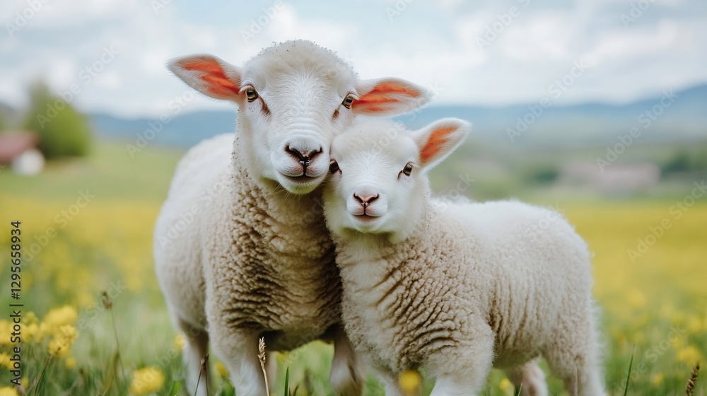 Aufkleber Adorable Sheep Pair in a Field of Yellow Flowers with a Soft and Gentle Atmosphere : Generative AI
