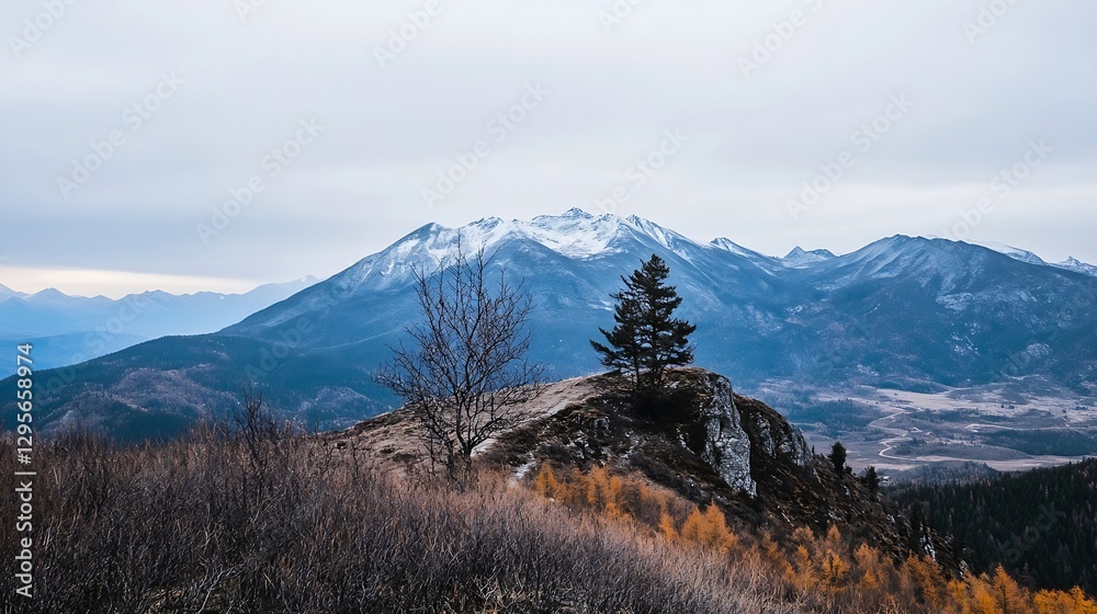 Poster majestic mountain view showcasing rugged peaks with autumn colors in a serene wilderness setting : g