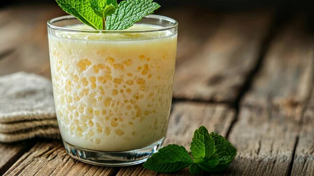Creamy tapioca pudding garnished with fresh mint served in a glass on a rustic wooden table, Creamy tapioca pudding in glass, garnished with mint leaf, on rustic wooden surface
