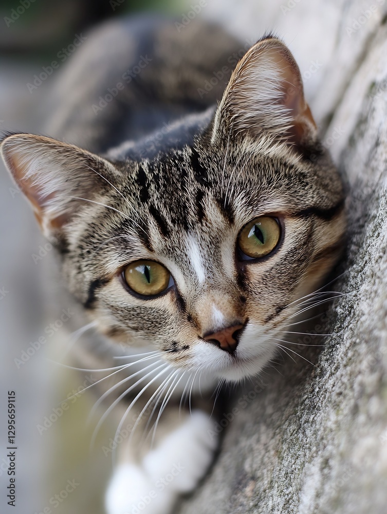 Poster closeup image of a curious cat with striking green eyes exploring its surroundings : generative ai