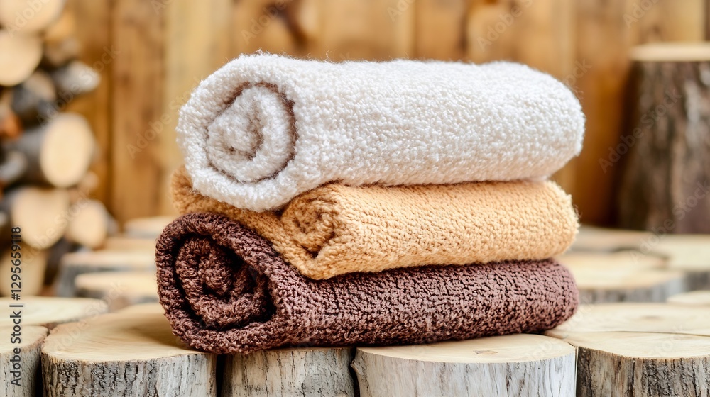 Poster rolls of soft towels perfectly stacked on rustic wooden logs for a natural look : generative ai