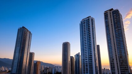 Obraz premium Modern skyscrapers illuminated by sunset light against a vibrant blue sky showcasing urban architecture : Generative AI
