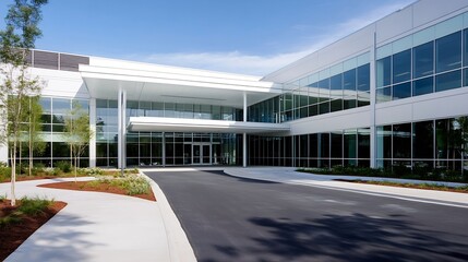 Contemporary corporate building entrance surrounded by landscaped exterior : Generative AI