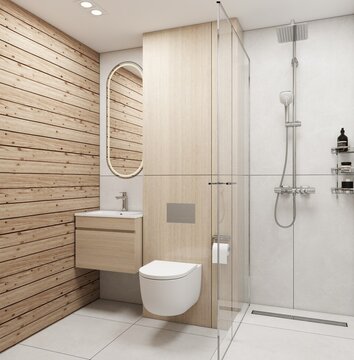 A modern, Scandinavian-style bathroom with wood accents, a floating vanity, a wall-mounted toilet, and a glass-enclosed shower. The light tones create a cozy and airy feel