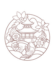 Serene Japanese Garden with Koi Fish and Cherry Blossoms – Adult Coloring Page on White Background