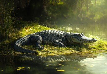 Lush Green Habitat of a Large Alligator Relaxing Near Shimmering Water Under Soft Sunlight in a Serene Wetland Environment