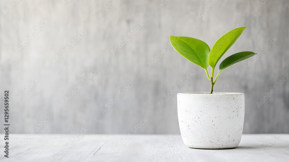 Poster small green plant emerging from a white pot on a wooden table with a soft background : generative ai