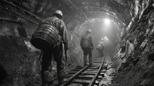 Miners at work in underground tunnel black and white vintage style image industrial environment historical viewpoint