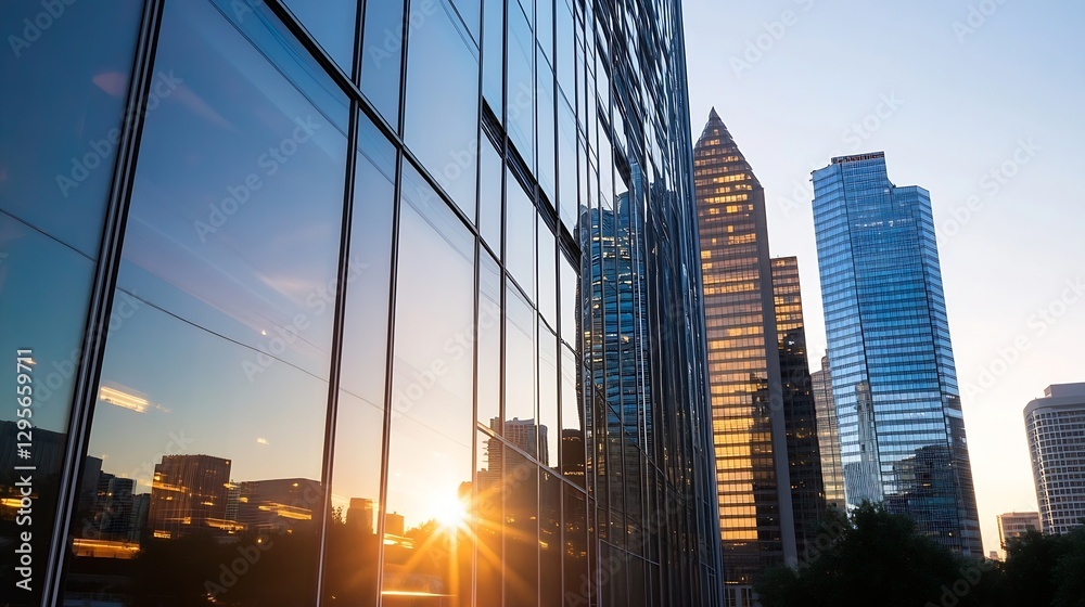 Poster sunset reflection on modern skyscrapers showing urban life and architecture in cityscape : generativ