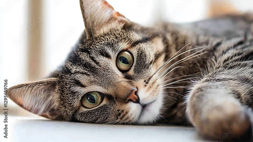Poster closeup of a relaxed cat lying comfortably on a surface with beautiful green eyes and striped fur : 
