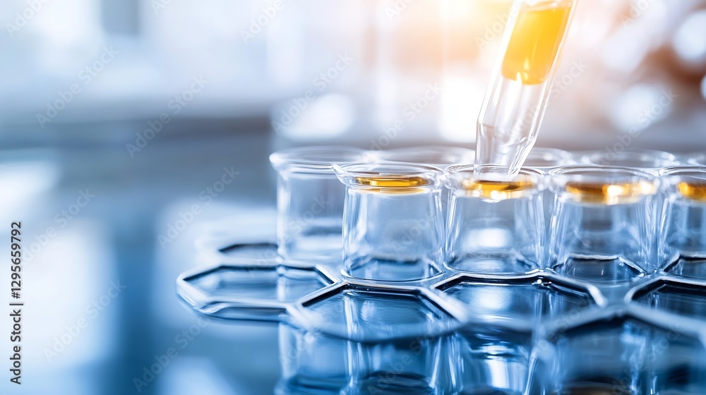Poster laboratory scene showcasing a scientist using a dropper to transfer liquid into glass test tubes for